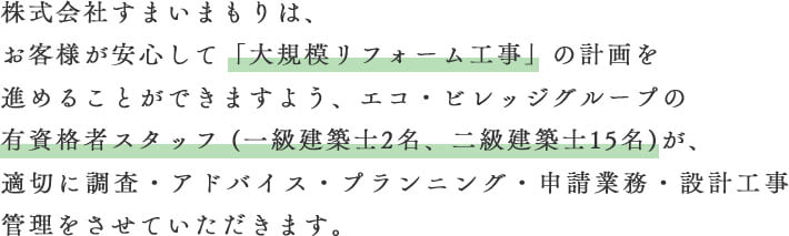 株式会社すまいまもりは、お客さまが安心して「大規模リフォーム工事」の計画を進めることができますよう、エコ・ビレッジ設計事務所の有資格者スタッフ(一級建築士2名、二級建築士15名)が、適切に調査・アドバイス・プランニング・申請業務・設計工事管理をさせていただきます。